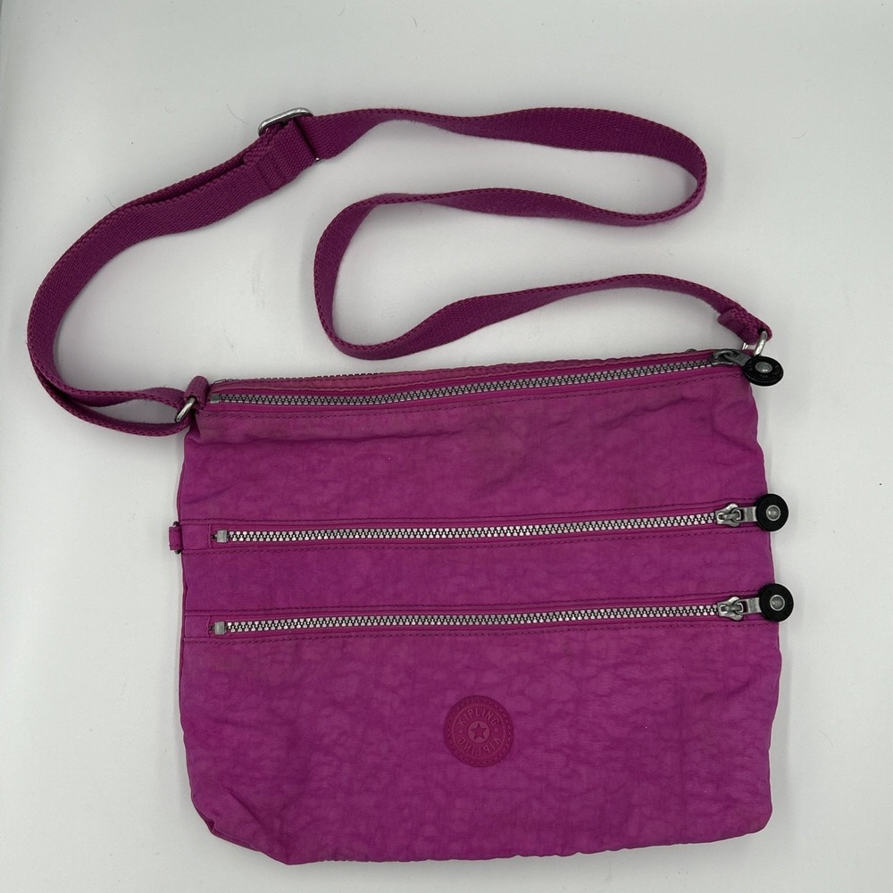 Kipling Alvar Crossbody Bag Purple Canvas Purse Triple Zip Monkey Polka Dot